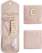 BAGSMART Travel Jewelry Organizer Case C Initial Foldable Jewelry Roll for Journey Rings, Necklaces, Earrings, Bracelets,Mini,Letter K,Soft Pink