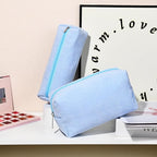 SOIDRAM Corduroy Cosmetic Bag - Cute Blue Makeup Pouch, Large Capacity, Travel Toiletry Bag Organizer with 1Pcs Makeup Brushes Storage