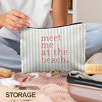 Coastal Beach Makeup Bag, Meet Me at the Beach Cosmetic Bags for Women, Gifts for Ocean Lovers, Preppy Cute Blue Striped Beachy Nautical Zipper Makeup Pouch