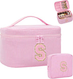 MONSTINA Initial Makeup Bags for Women|Cosmetic Bag for Travel Toiletry - Birthday Gifts for 11 12 13 14 15 16 17 18 Years Old Girls- Graduation Teen Girl Gifts Trendy Stuff Teacher Gift,Pink S