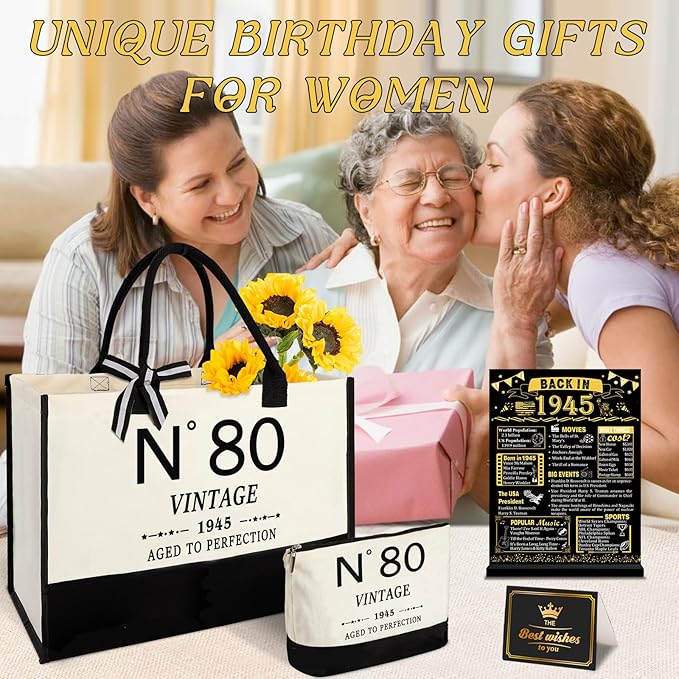 80th Birthday Gifts for Women Canvas Tote Bag Travel Gear, Unique 80 Years Old Gifts for Wife Sister Mom Aunt Friends Her, Vintage N°80 Handbag & Cosmetic Bag & Back in 1945 Poster