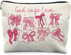 God Says I Am Pink Christian Makeup Bag, Coquette Pink Bow Preppy Cosmetic Bags for Women, Christian Gifts for Women, Faith Based Gifts, Coquette Preppy Bowknot Stuff Zipper Makeup Pouch
