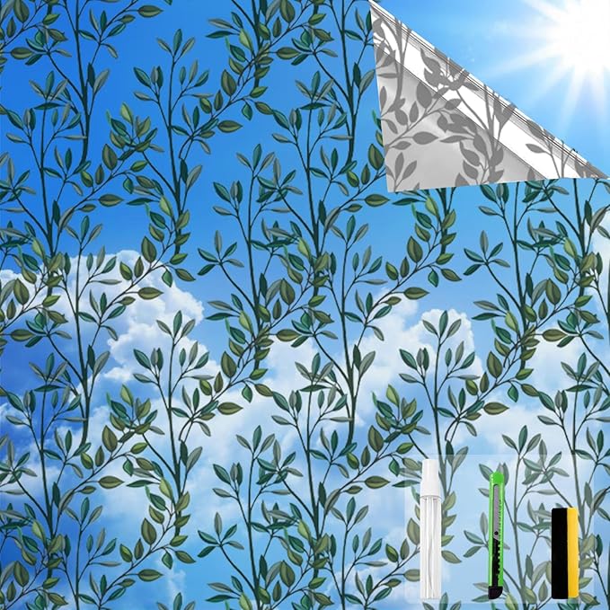 One Way Privacy Film, Window Tint for Home,Daytime Reflective, Anti UV Static Cling Sliding Door Coverings No Glue Garage Solar Paper (Silver-Leaves, 35.4 x 157.4 in)