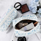 2Pcs Floral Makeup Bag for Women Cotton Quilted Small Coquette Cosmetic Bag Cute Zipper Blue Flower Makeup Pouch Aesthetic Portable Pencil Case Travel Toiletry Bag Trendy Cloth Skincare Bag