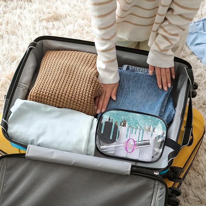 Custom Transparent Travel Toiletry Bag for Women, PVC Large Makeup Bag, Cosmetic Bag, Comestic Essentials for Women, Water Flow Shape Aqua Blue Shiny Glittering