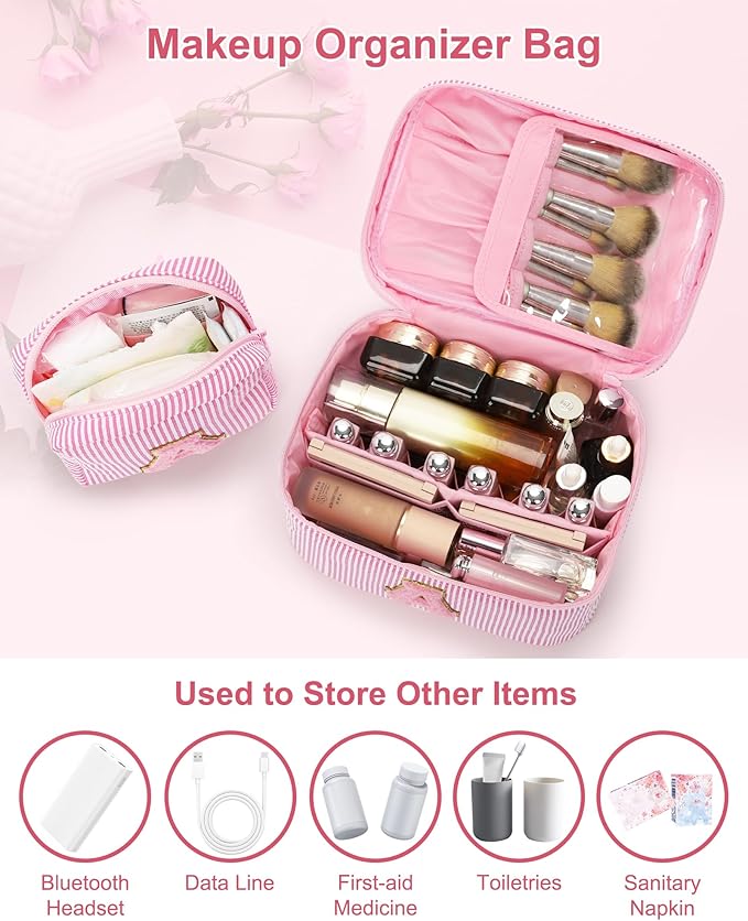 MONSTINA Initial Makeup Bag with Brush Holder for Women,Make Up Case for Girlfriend Bridesmaid Wife|Personalized Birthday Gift for Her Cute Toiletry Bag,2PCS,Pink K