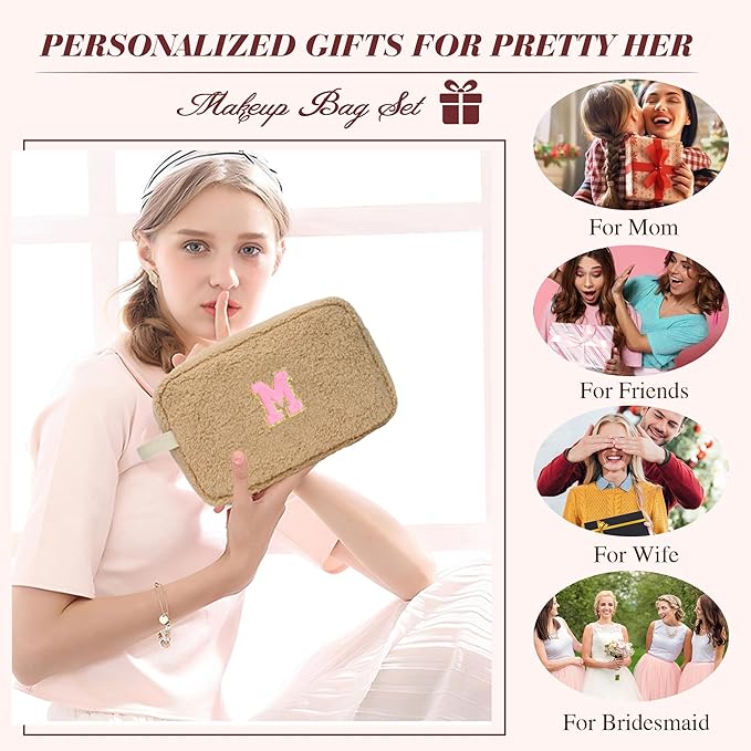 for Christmas Day Gifts, Personalized Initial Cosmetic Bag Pouch for Teen Girls, Preppy Makeup Travel Bags for Daughter Sister Girlfriend, Monogramed Make Up Pouch for Birthday Gifts - Brown Y