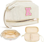 Makeup Bag for Girls Gift, Personalized Christmas Gifts Initial Women Makeup Bag for Travel, Double Layer Cosmetic Bag with Brush Organizer Preppy Make up Bag for Teen Girl Trendy - K