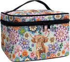 Boho Mandala Highland Cattle Pattern Travel Makeup Bags for Women Portable Tote Cosmetic Case with Carry Handle Toiletry Accessories Storage Organizer Bags