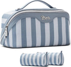 BOYATU Travel Makeup Bag for Women: Large Cosmetic Bag Set of 3 - PU Leather Make up Bag with Compartments - Compact Waterproof Toiletry Bag with Divider & Handle (B-2-Blue)