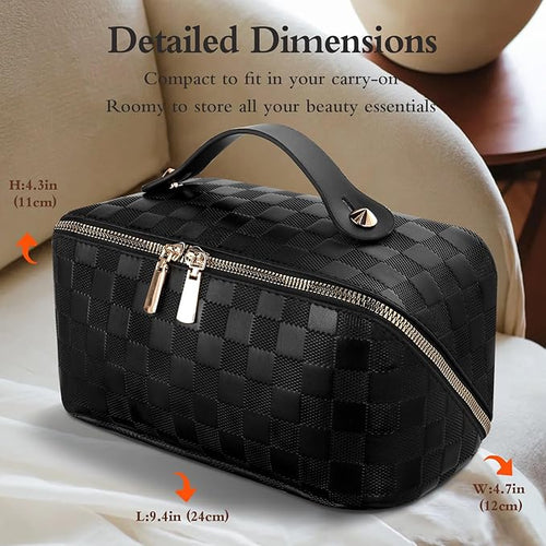 Abiudeng Travel Makeup Bag,Large Capacity Toiletry Bag Cosmetic Bags for Travel Essentials,Waterproof Portable Pouch Open Flat Makeup bag Organizer with Divider and Handle(Checkered-Black)