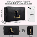 Personalized Initial Preppy Travel Makeup Bag Organizer, Small Black Cute Cosmetic Bag Toiletry Zipper Pouch for Purse, Portable Waterproof PU Make Up Case Birthday Gift for Her Mom Teacher(Letter L)