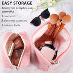 ZLFSRQ 2Pcs Makeup Bag for Women Trendy Large Capacity Cosmetic Bags Plush Pencil Case Pink Checkered Pouch for Purse Coquette Zippered Toiletry Bag Organizer Y2K Aesthetic Pencil Pouch