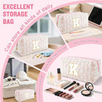 Personalized Quilted Cosmetic Bag, Puffy Monogrammed Christmas Birthday Gifts for Women & Girls, Cute initial Floral Makeup Bag Puffer Coquette Bag, Aesthetic Travel Toiletry Zipper Pouch(Pink,K)