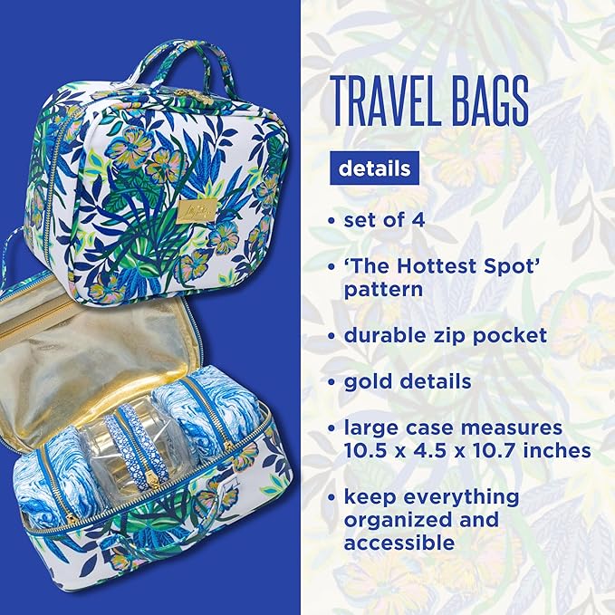 Lilly Pulitzer 4 Piece Travel Toiletry Bag, Cute Luggage Case for Adults, Zipper Pouch Set for Cosmetics, Small Pouch Bag for Supplies, Makeup or Toiletries (The Hottest Spot)