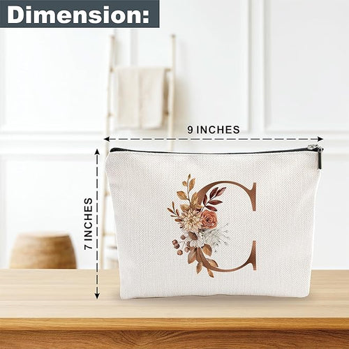 A-Z Boho Personalized Cosmetic Bag-Floral Cotton Letter Makeup Bag With Zipper-Artistic Cosmetic Bag For Travel-Bride,Birthday Gift For Women Daughter Friends-Women Makeup Organizer-A03