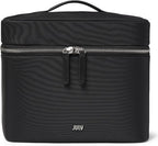 Vanity Cosmetic Case - Stylish Travel Makeup Bag for Women with Removable Wet Pouch, Upright Bottle Design, Clear Top Pocket, Leather Handle, Travel Essentials, Toiletry Organizer - Black