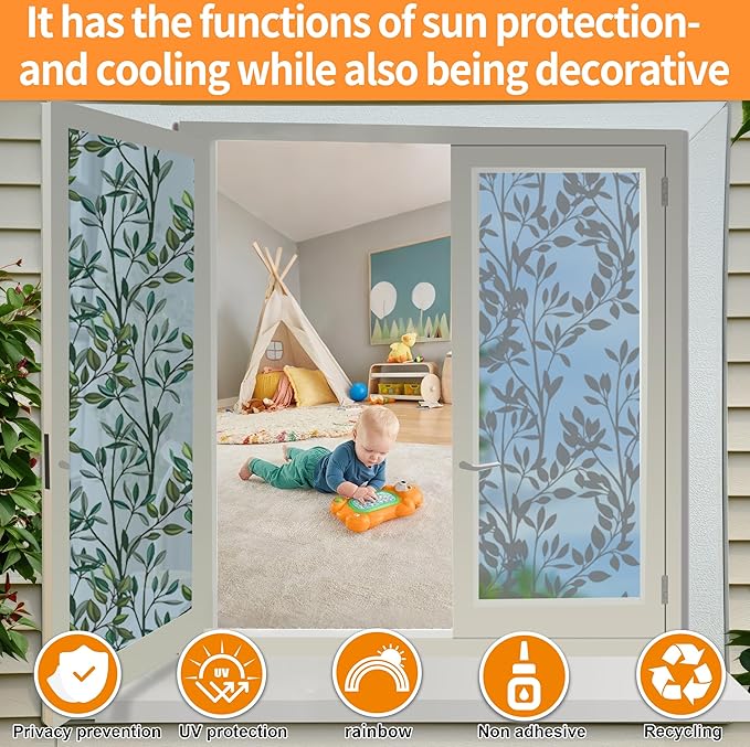 One Way Privacy Film, Window Tint for Home,Daytime Reflective, Anti UV Static Cling Sliding Door Coverings No Glue Garage Solar Paper (Silver-Leaves, 23.6 x 78.7 in)