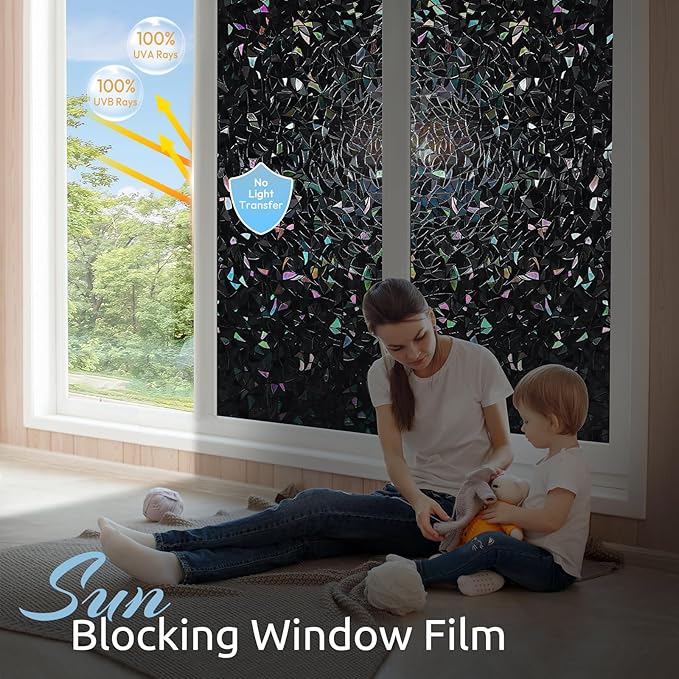 rabbitgoo Window Privacy Film Rainbow Film Decorative Window Sticker, 3D Static Stained Glass Cling Tint for Room Darkening Day Sleep, Black, 29.5 x 118.1 inches