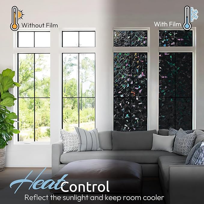 rabbitgoo Window Privacy Film Rainbow Film Decorative Window Sticker, 3D Static Stained Glass Cling Tint for Room Darkening Day Sleep, Black, 17.5 x 118.1 inches
