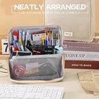 Large Capacity Standing Makeup Bag for Travel, Foldable Hanging Toiletry Organizer with 3 Storage Layers & 8 Inner Pockets, Portable Cosmetic Case for Women (Beige)