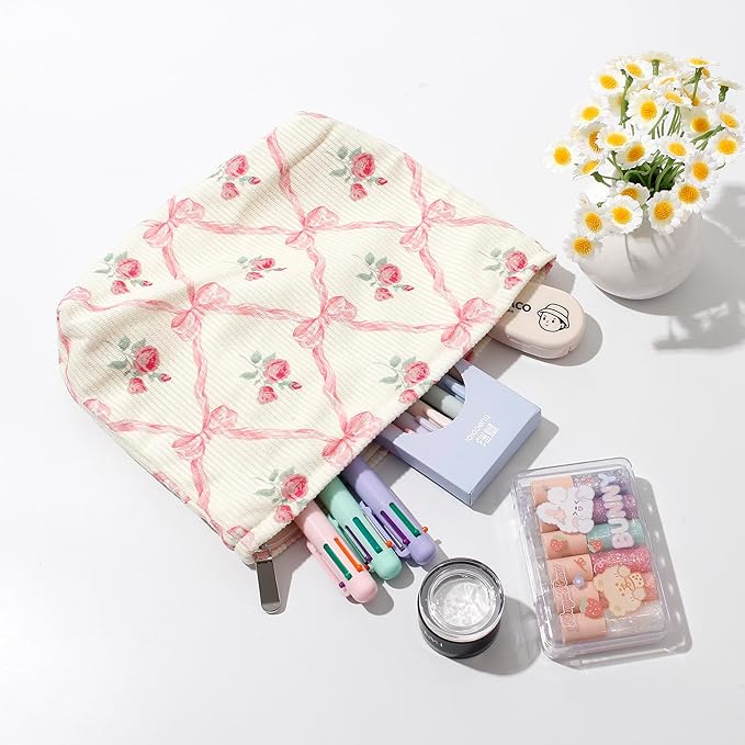 Cosmetic Bags for Women - Corduroy Cosmetic Bag Aesthetic Women Handbags Purses Smile Dots Makeup Organizer Storage Makeup Bag Girls Case Bags (Flowers-Orchid)
