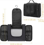 Hanging Toiletry Bag for Men and Women, Travel Makeup with Metal Swivel Hook, Large Organizer for Full Sized Cosmetics and Toiletries, Water-Resistant Nylon, Black