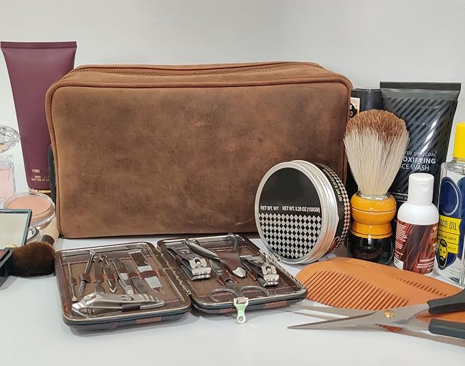 RUSTIC TOWN Full Grain Leather Travel Toiletry Bag - Cosmetic Makeup Kit Organizer (Brown)