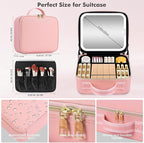 Makeup Bag with Mirror and Light, Travel Makeup Train Case with LED Lighted Removable Mirror, Portable Cosmetic Organizer Make up Bag with 3 Colors Dimming Light, Adjustable Dividers & Brush Board