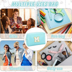 Gifts for Girls Initial Makeup Bag Personalized Cosmetic Bag with Zipper Cute Travel Toiletry Bag Waterproof PU Preppy Makeup Pouch Birthday Gift for Teen Girls Women(Blue M)