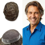 FACE MIRACLE Lace Front Mens Toupee Human Hair System Swiss Lace Center Toupee for Men Thin Skin PU Around Hair Replacement System V-Looped Mens Hair Wig Units 7"X9" #420 Medium Brown with 20% Gray