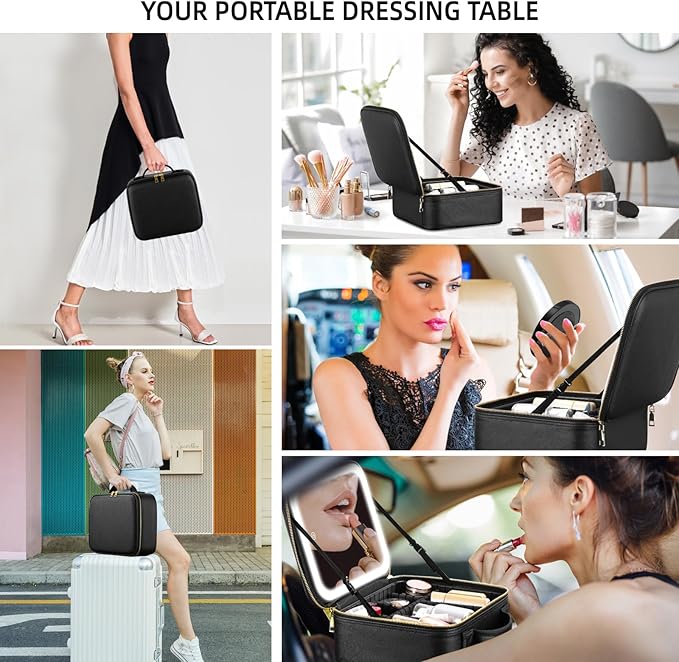 Makeup Bag with Mirror and Light 3 Colors, Travel Make up Bag with Mirror Portable Lighted Makeup Case Organizer Cosmetic Case with 2-Layers Adjustable Dividers & 10X Magnifying Mirror(Black)