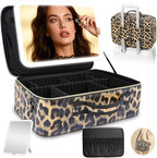 15''X11'' Large Makeup Bag with Removable Lighted Mirror, Professional Travel Make up Bag with Mirror and Light Cosmetic Train Case Organizer, PU Leather with Adjustable Dividers & Brush Storage Board