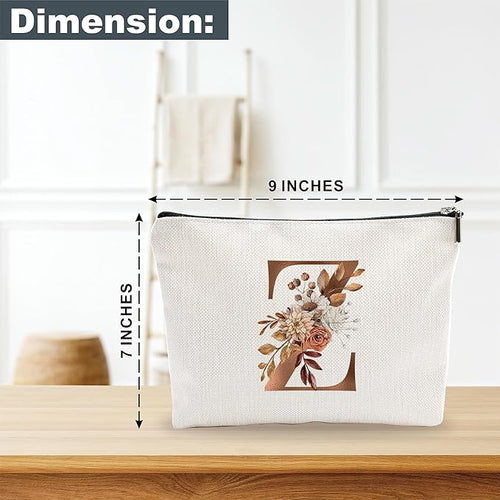 A-Z Boho Personalized Cosmetic Bag-Floral Cotton Letter Makeup Bag With Zipper-Artistic Cosmetic Bag For Travel-Bride,Birthday Gift For Women Daughter Friends-Women Makeup Organizer-A26