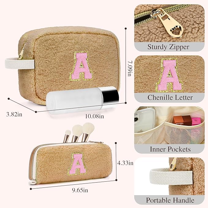 for Christmas Day Gifts, Personalized Initial Cosmetic Bag Pouch for Teen Girls, Preppy Makeup Travel Bags for Daughter Sister Girlfriend, Monogramed Make Up Pouch for Birthday Gifts - Brown Z
