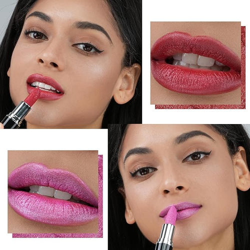 Anglicolor 2pcs Red and Pink Glitter Lipstick,High Impact Lipcolor,Lightweight Hydrating Formula Smooth and Non-Sticky,Metallic Lipstick For Women,Full-Coverage Lip Color