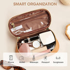 Kattee Makeup Bag for Women, Leather Cosmetic Bag, Working Makeup Bags for Ladies with Handles, Portable Travel Toiletry Bag, Brown