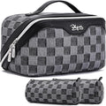 BOYATU Travel Makeup Bag for Women: Large Cosmetic Bag Set of 3 - PU Leather Make up Bag with Compartments - Compact Waterproof Toiletry Bag with Divider & Handle (D-2-Black)
