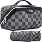 BOYATU Travel Makeup Bag for Women: Large Cosmetic Bag Set of 3 - PU Leather Make up Bag with Compartments - Compact Waterproof Toiletry Bag with Divider & Handle (D-2-Black)