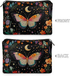 COEQINE Gothic Cosmetic Purses Leather Case for Women Trendy Butterfly Moon Goth Cosmetic Bags for Women Travel Black Floral Makeup Organizer Pouch With Zipper