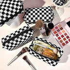 SOIDRAM Checkered Makeup Bag Preppy Cosmetic Bag Bulk Black Makeup Pouch Personalize Travel Toiletry Bag Organizer Cute DIY Makeup Brushes Storage Bag for Women
