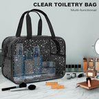 Clear Black Star Large Makeup Bag with Star Pattern 12x5x8 inch, Travel Cosmetic Bag with Handle, Durable PVC Material Washbag Zipper Opening Design for Makeup Travel Organizer or Gym Use