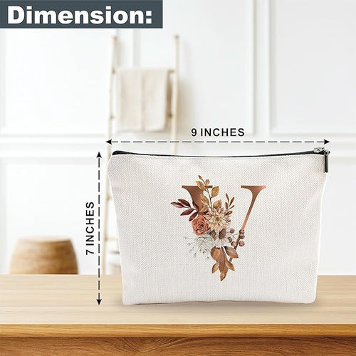 A-Z Boho Personalized Cosmetic Bag-Floral Cotton Letter Makeup Bag With Zipper-Artistic Cosmetic Bag For Travel-Bride,Birthday Gift For Women Daughter Friends-Women Makeup Organizer-A22