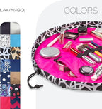 Lay-n-Go Cosmo Layflat Drawstring Cosmetic & Makeup Bag Organizer w/Zipper Pocket, Brush Loops & More, Cinch to Close, Lay Flat to Use, Durable, Machine Wash, Travel Toiletry Bag (20", Black/White)