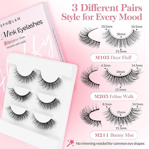 Bepholan False Eyelashes 3D Faux Mink Lashes Natural Look Super Fluffy Eyelashes Volume Strip Eyelashes, Cat Eye Lashes Lightweight Fake Eyelashes Easy to Apply 3 Pairs（M101）