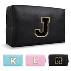 Personalized Initial A-Z Preppy Patch Makeup Bag,Small PU Chenille Letter Cosmetic Bag with Zipper for Teen Girls,Black Cute Toiletry Organizer Bag,Monogram Makeup Case Gift for Women Girls,Letter J