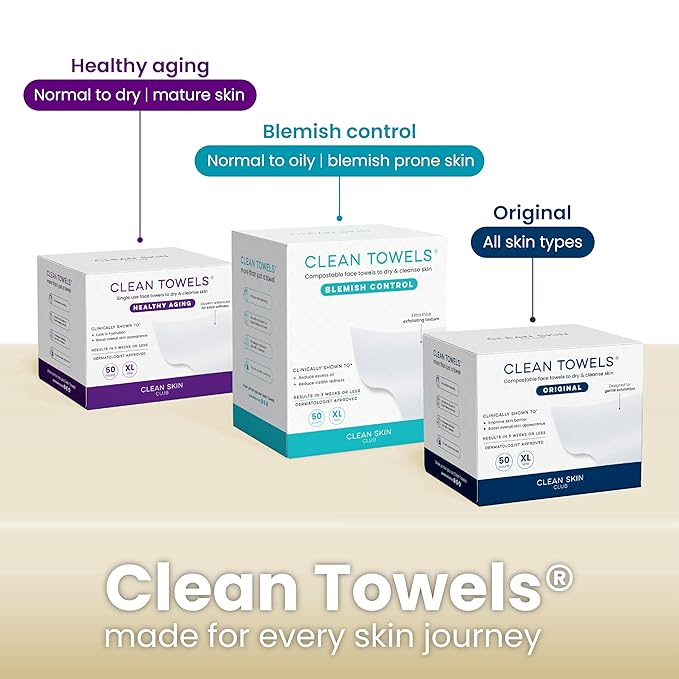 Clean Skin Club Bamboo Viscose Clean Towels® XL 100% USDA Biobased Face Towel, Disposable Face Towelette, Makeup Remover Dry Wipes, Ultra Soft, 50 Ct, 1 Pack