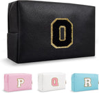 Small Cute Initial Preppy Makeup Bag, Personalized Black Cosmetic Zipper Pouch Chenille Letter Toiletry Bags for Traveling, Waterproof PU Makeup Organizer Travel Essentials for Sister Friend(Letter O)