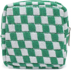 Small Green Makeup Bag for Purse, Mini Checkered Cosmetic Bag Zipper Cute Make Up Pouch Travel Toiletry Bag Quilted Aesthetic Accessories Makeup Storage Bag Organizer for Women Girls