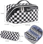 BOYATU Travel Makeup Bag Cosmetic Bags for Women: Large Make up Bags Set of 3 - Portable Makeup Organizer with Compartments&Handle&Divider - Waterproof PU Leather Toiletry Bag(A-5-Checkered Mix Black)